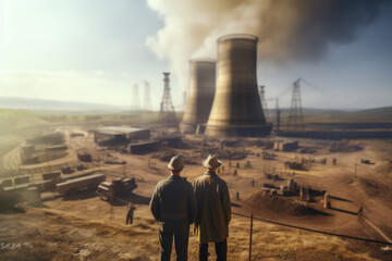 Poster - A historical photo capturing the construction of the world's first nuclear power plant, marking a milestone in the development of atomic energy. Concept of nuclear energy history. Generative Ai.
