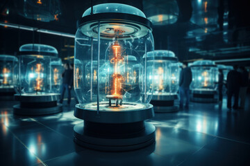 Poster - Quantum computing processors, suspended in a futuristic laboratory, symbolize the evolution of computing technology beyond classical limitations. Generative Ai.