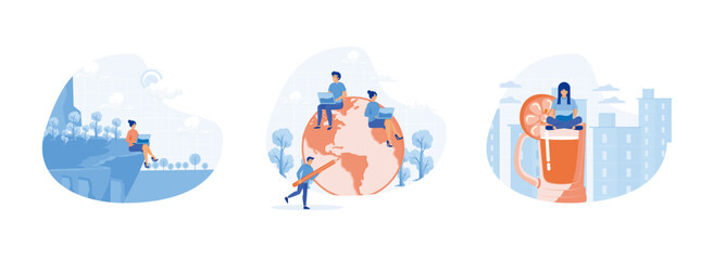 Poster - businesswoman working outdoors, work from anywhere around the world, work anywhere anytime. work fro