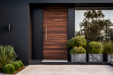 Main entrance door of a villa with Japanese minimalist style. Black panel walls and timber wood lining adorn the front door. The backyard features a beautiful landscape design.
