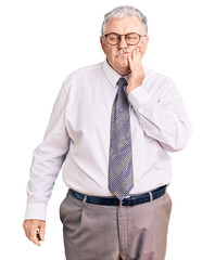 Sticker - Senior grey-haired man wearing business clothes touching mouth with hand with painful expression because of toothache or dental illness on teeth. dentist