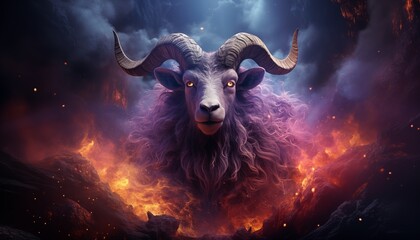 Wall Mural - A galaxies goat standing on top of a fire. Generative AI image.