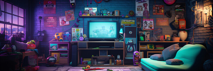 Vintage 90s nostalgia with a retro gaming setup and fashion in a teenager's room