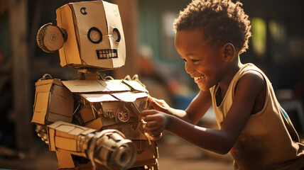 A young African boy making a robot out of cardboard