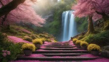 Wedding Backdrop, Maternity backdrop, Spring, photography backdrop, waterfall, petal, flower, floral, staircase, steps, nature, forest,lake, stairway, path, pathway, walkway
