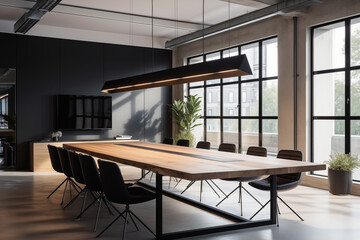 Wall Mural - Explore the simplicity of a loft interior with a conference table and ceiling light in close-up. Emphasize minimalist design elements and the clean lines of the space to evoke a harmonious atmosphere.