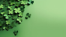 St. Patrick's Day. Green Background With Clover Leaves: Shamrock And Four-leafed. Copy Space. Paper Craft