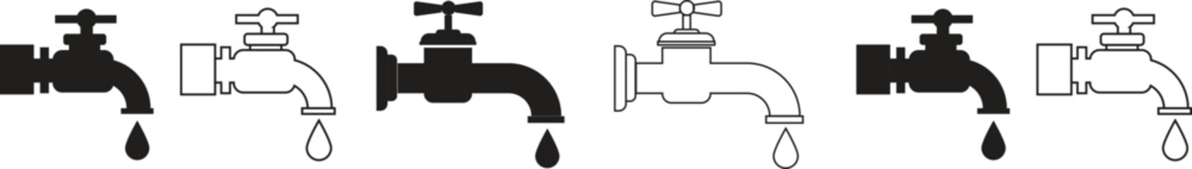 Water Faucet Icon Set. Water Tap Collection. Vector Illustration.