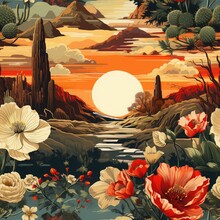 Sunset In The Desert With Flowers And Mountains,