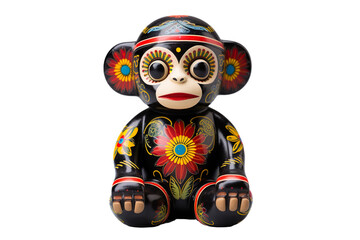 
12 animal designations PNG: a figurine of a lovely monkey baby, Very cute with colorful designs, Chinese traditional folk mud dog art style, in the style of woodcarvings