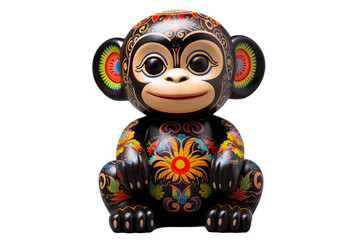 
12 animal designations PNG: a figurine of a lovely monkey baby, Very cute with colorful designs, Chinese traditional folk mud dog art style, in the style of woodcarvings