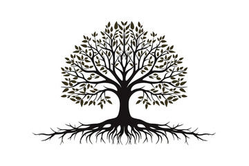 black silhouette tree with roots. tree with roots, on transparency on transparency generative ai