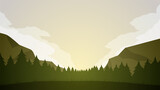 Pine forest landscape vector illustration. Scenery of coniferous forest in the morning with cloudy sky. Pine forest panorama for background, wallpaper or illustration