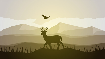 Wall Mural - Savanna deer landscape vector illustration. Scenery of deer silhouette and eagle in the morning with cloudy sky. Deer wildlife panorama for illustration, background or wallpaper