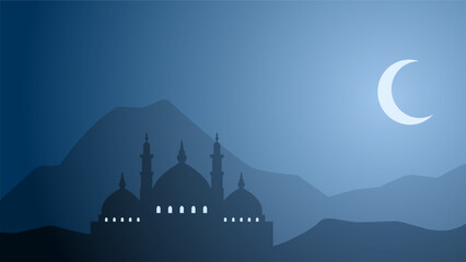 Poster - Mosque landscape silhouette in the night vector illustration. Ramadan scenery design graphic in muslim culture and islam religion. Mosque panorama illustration, background or wallpaper