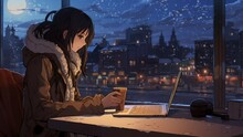 Lofi Cozy Anime Girl In Winter With Snowfall Outside The Window. Seamless Looping Time Lapse Virtual 4k Video Animation Background. Generated With AI