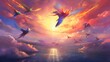 Rainbow-colored birds soaring through a fantastical sky in a whimsical illustration