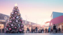 Christmas Tree In Front Of A Blurry Shopping Mall With People