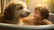 Happy boy bathing with his beloved dog
