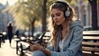 Young fashionable woman listening music with wireless headphones on a smartphone while sitting on the bench. Changing songs
