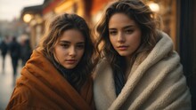 Two young women friends, wrapped in a warm blanket,