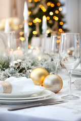 Wall Mural - Christmas dinner table setting. Christmas day meal with white and gold colours