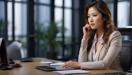 Wall Mural - Thoughtful asian female business professional with head in hand looking away while sitting at desk in office