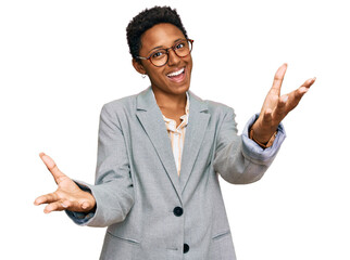 Wall Mural - Young african american woman wearing business clothes smiling cheerful offering hands giving assistance and acceptance.