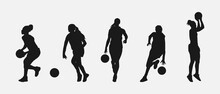Set Of Silhouettes Of Female Basketball Players With Different Poses, Gestures. Isolated On White Background. Vector Illustration.