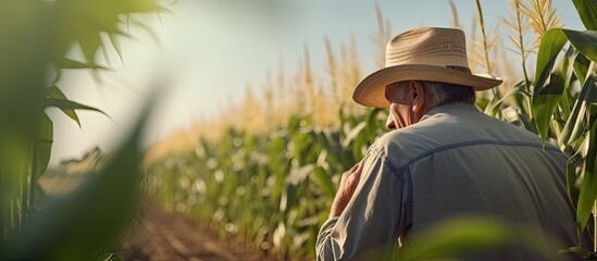 Canvas Print - Farmer studying growth of corn crop in field.