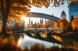 Bow Bridge transformed into a futuristic scene, surrounded by advanced architecture and flying vehicles, the autumnal setting juxtaposed with futuristic elements