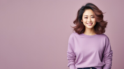 An Asian woman wearing purple sweatshirt isolated on pastel background