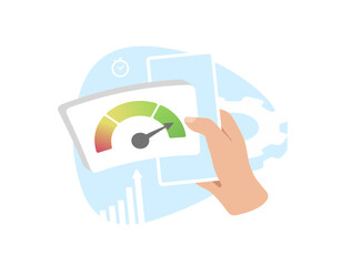 Poster - Optimize website speed for SEO and user experience. Hand holding mobile phone with speed indicator, growing chart and timer. Vector illustration isolated on white background with icons