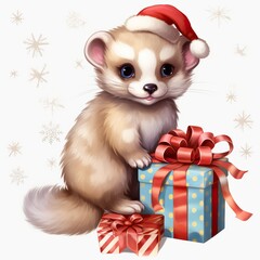 Wall Mural - Cute Ferret  and gift on white background  Christmas concept