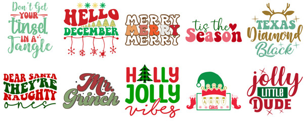 Merry Christmas and Happy Holiday Phrase Set Vintage Christmas Vector Illustration for Printing Press, Stationery, Printable