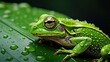A green frog sits on a leaf with water drops.