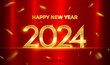 © SappawatS - Realistic 2024 golden numbers and festive confetti on red metal abstract technology background. Happy New 2024 Year. New year ornament. Premium design for posters, banners, calendar, greetings. Vector