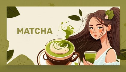 Sticker - Landing page for Matcha lovers. Cute girl with Matcha art for your website.Coffee shop website template with a drink. Girl matcha drink.	
