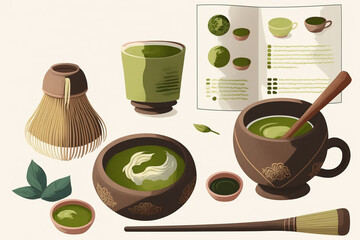 Wall Mural - Matcha green tea ingredient set. Japanese tea ceremony, top view