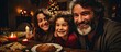 Joyful, diverse family celebrating Christmas with a homemade feast. Handheld camera captures their happy faces.