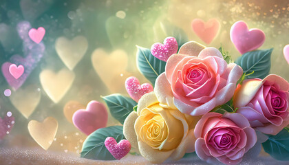 Sticker - roses with hearts Valentine day background