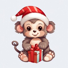 Poster - Monkey with santa hat on white background