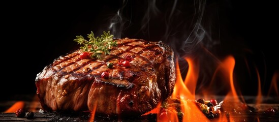 Poster - Grilled beef steak with fire.