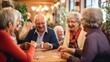 Candid shot of seniors in a lively social activity, playing cards and laughing, capturing the joy of leisure in retirement