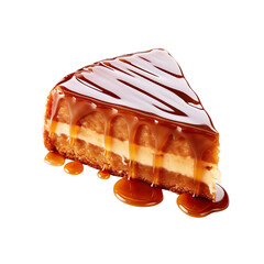 Wall Mural - Angled view of a scrumptious cake slice covered in caramel sauce isolated on a white background