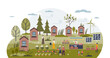 Self sufficient community with green lifestyle practices tiny person concept, transparent background. Ecological local food growing and alternative energy consumption illustration. Eco home district.
