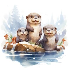 Wall Mural - Playful otters playing in the water
