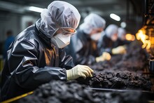 Human geologists and engineers examine samples of black coal