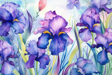 Wall Mural - Art summer design spring plant blossom floral purple iris watercolor flower nature