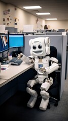 Poster - A robot sitting at a desk in an office. Generative AI.